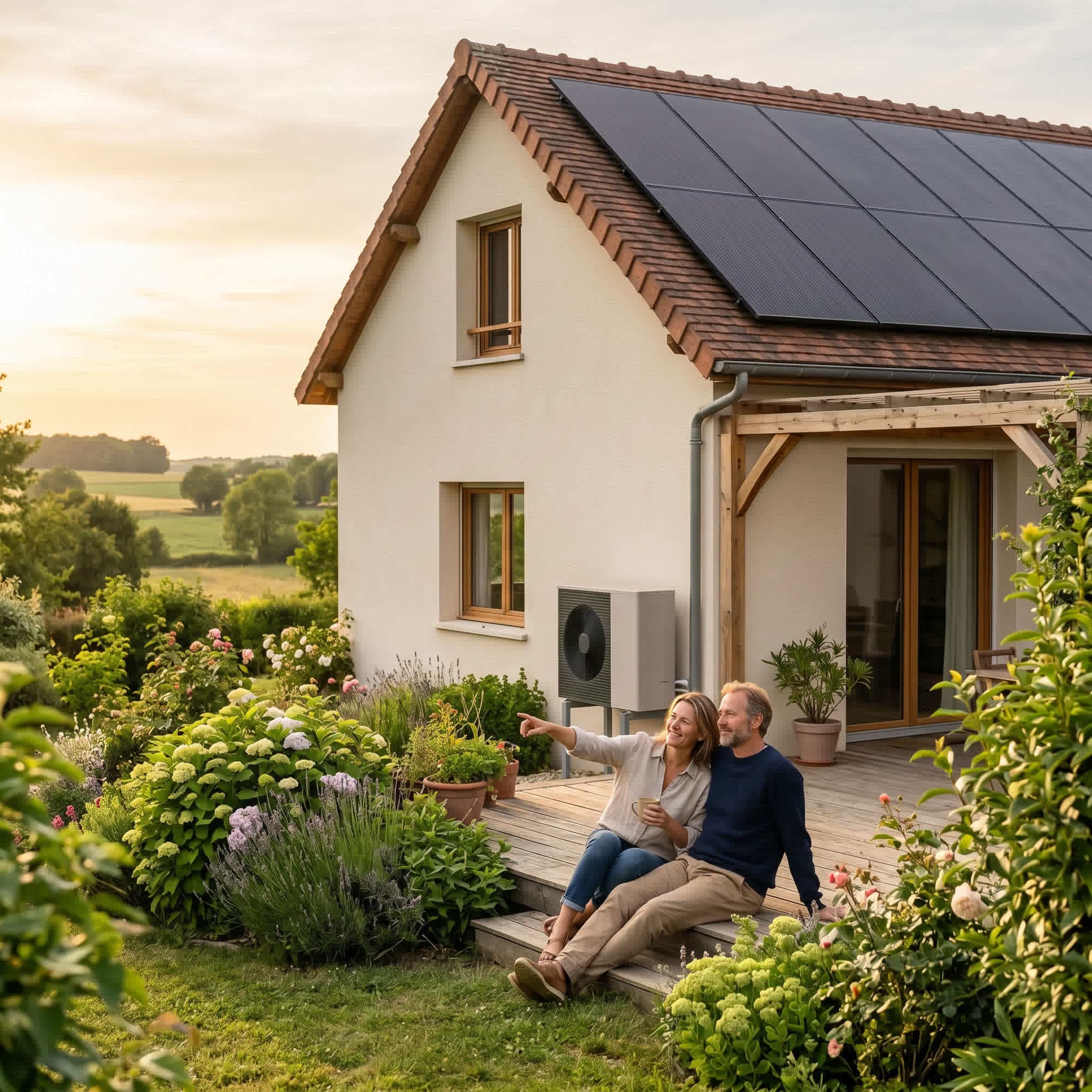 Couple heureux devant leur maison rénovée avec panneaux solaires et pompe à chaleur en Île-de-France