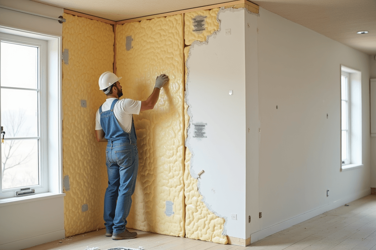 Technicien certifié RGE appliquant de la mousse polyuréthane projetée pour l'isolation thermique d'un mur intérieur