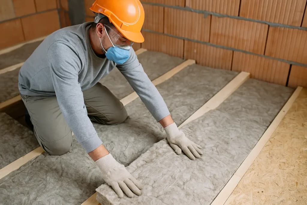 Artisan posant des panneaux de laine minérale isolante sur un plancher béton pour isolation thermique du sol