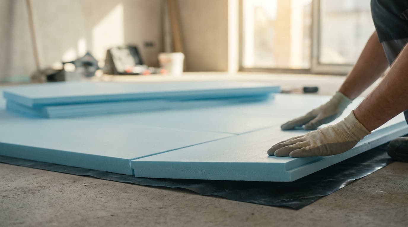 Artisan posant des panneaux de polystyrène expansé (PSE) sur une dalle en béton avant coulage d'une chape flottante isolante