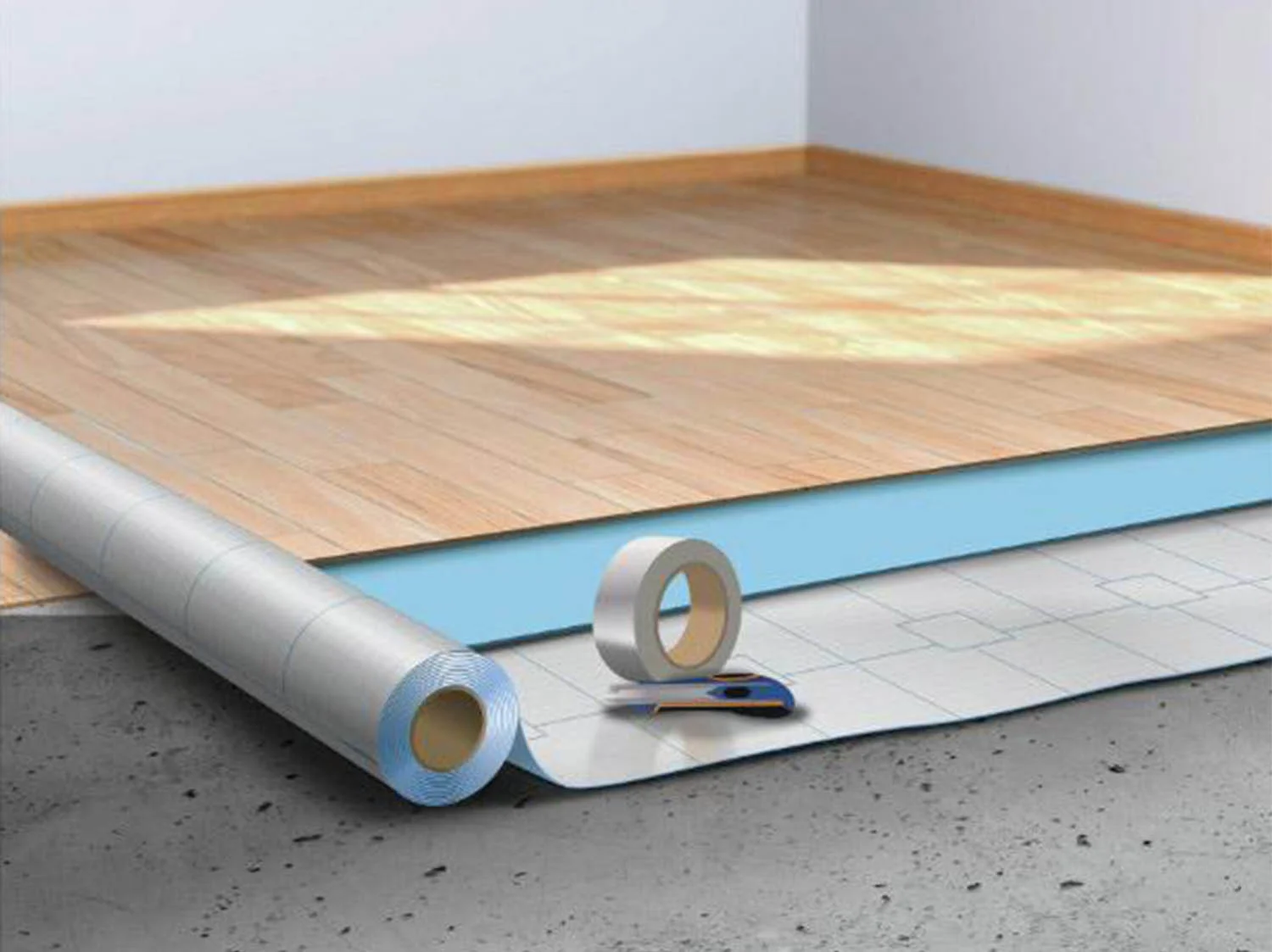 Sous-couche isolante composite en rouleau déroulée sur dalle béton avant pose de parquet — isolation thermique et acoustique sol sous parquet