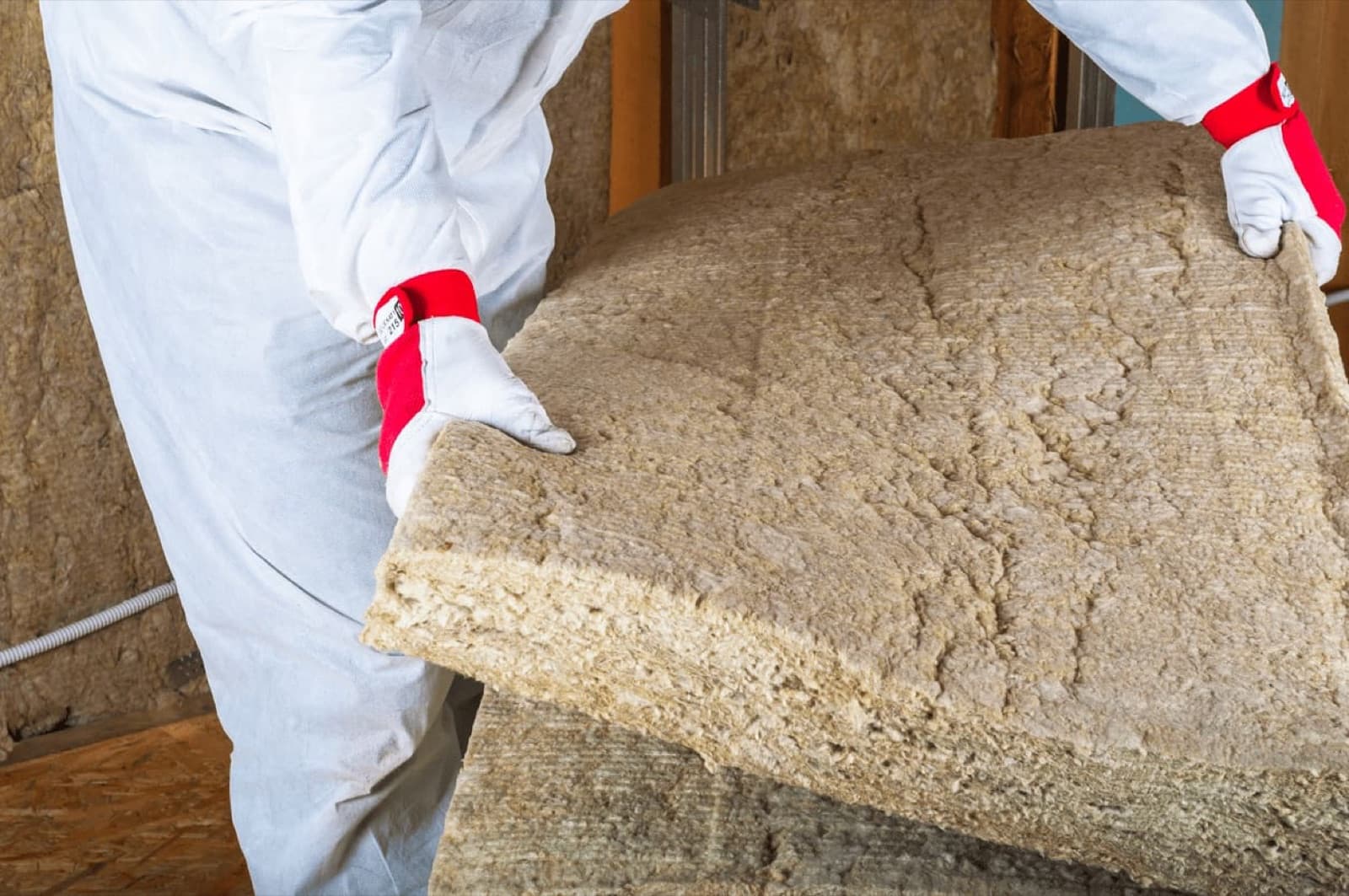 Installateur en combinaison de protection blanche posant un rouleau de laine de roche dans une ossature métallique sur un chantier d'isolation