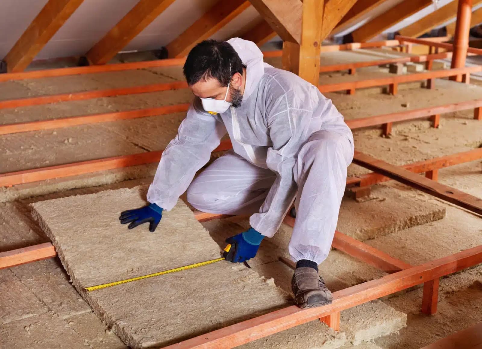 Technicien en combinaison de protection mesurant un panneau de laine de roche posé entre les solives d'un plancher de combles perdus