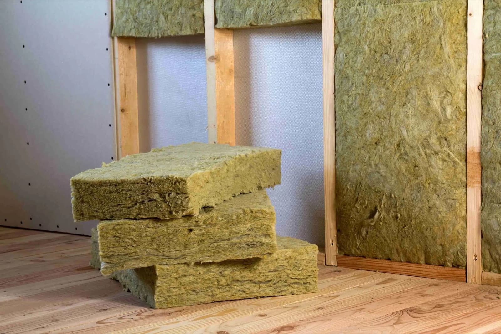 Panneaux de laine de roche empilés devant une ossature bois avec pare-vapeur, prêts à être posés pour l'isolation d'un mur intérieur