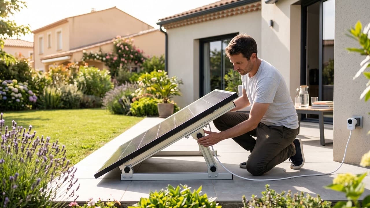 Homme agenouillé sur une terrasse réglant l'inclinaison d'un panneau solaire sur support en aluminium, relié à une prise extérieure, dans un jardin fleuri