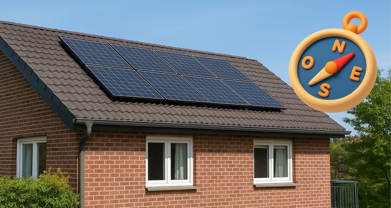 Maison en briques avec huit panneaux solaires sur un toit en tuiles brunes et une boussole indiquant les points cardinaux, pour illustrer l'orientation des panneaux solaires