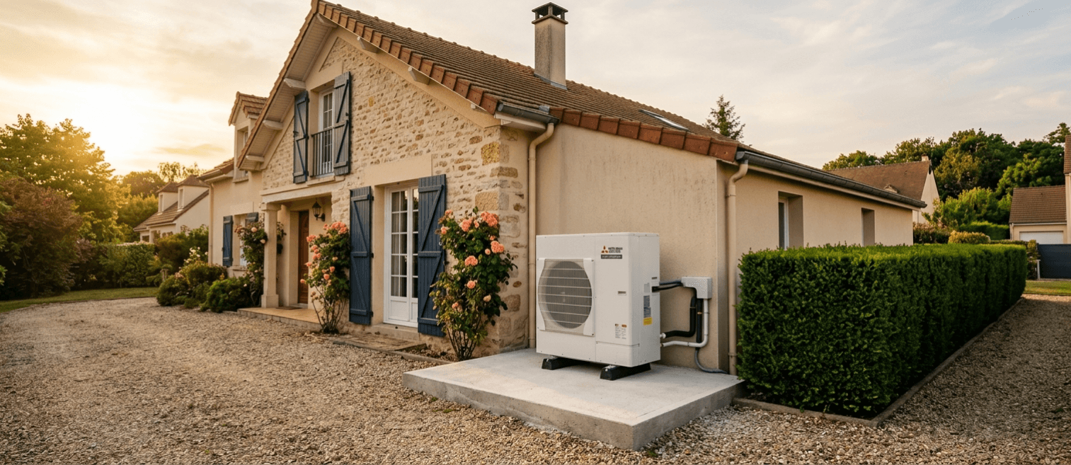Unité extérieure d'une pompe à chaleur air-eau installée sur un pavillon