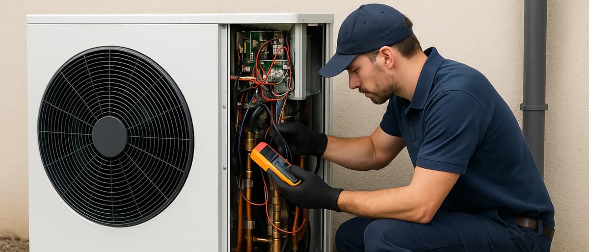 Technicien certifié RGE contrôlant le circuit frigorifique d'une pompe à chaleur lors de l'entretien annuel obligatoire