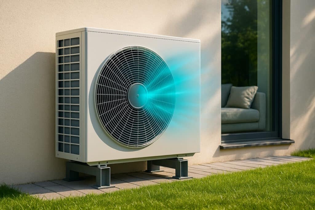 Unité extérieure de pompe à chaleur air-eau installée dans un jardin soigné — guide des pièges à éviter pour une installation réussie