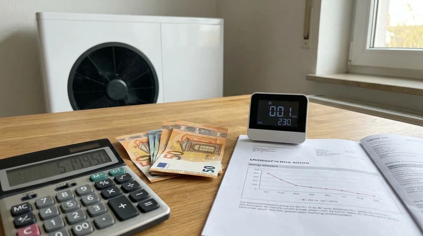 Calculatrice, billets d'euros et compteur d'énergie posés sur une table à côté d'une facture de chauffage, pour illustrer le calcul du reste à charge d'une pompe à chaleur