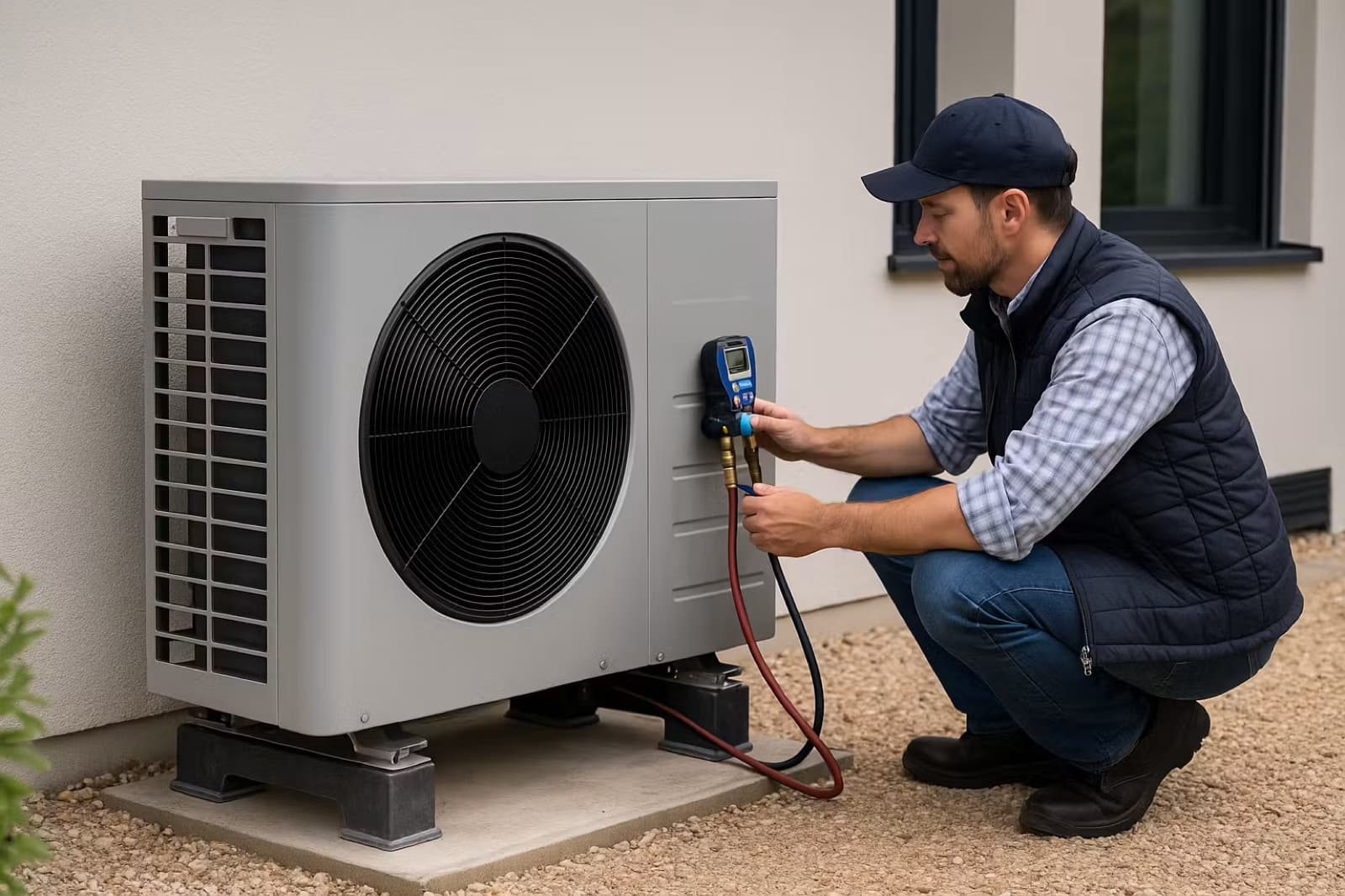 Technicien agenouillé contrôlant les pressions d'une pompe à chaleur air-eau à l'aide d'un manomètre électronique, unité extérieure posée contre un mur de maison