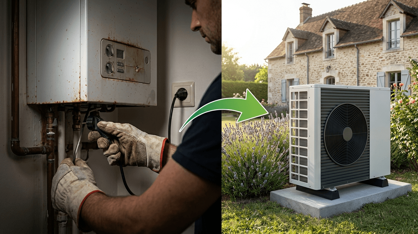 Chaudière gaz en cours de remplacement par une pompe à chaleur air-eau