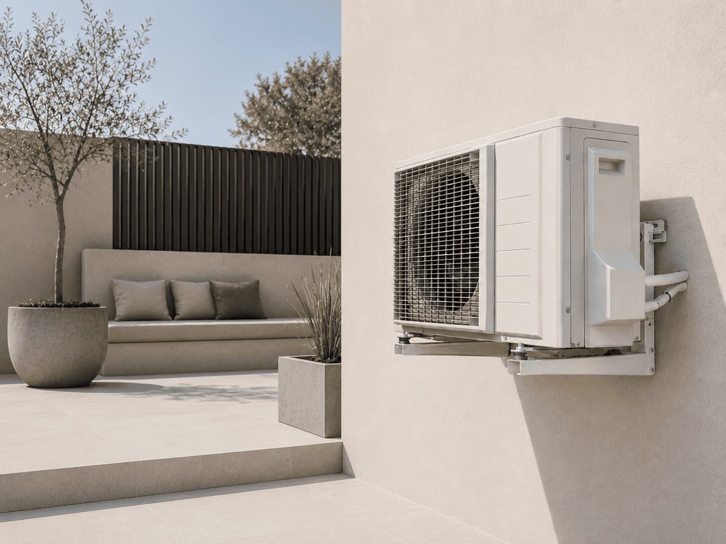 Pompe à chaleur compacte installée sur console murale dans un espace extérieur épuré et moderne — installation optimisée pour le rendement SCOP