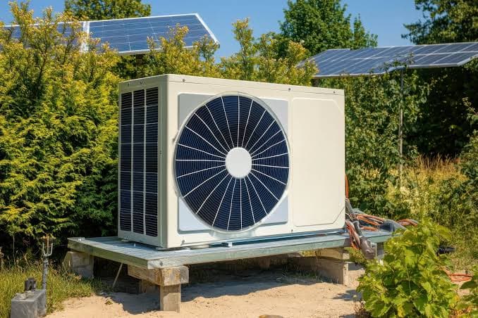 Pompe à chaleur air-eau posée sur une plateforme dans un jardin avec panneaux solaires en arrière-plan — rendement optimal grâce à un bon positionnement et un dimensionnement adapté