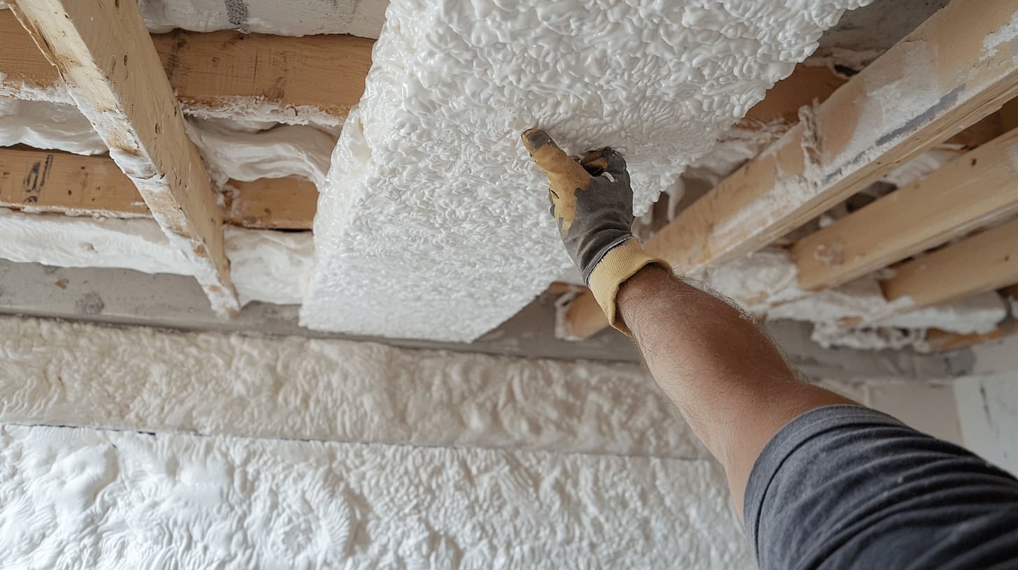 Application de mousse de polyuréthane projetée entre les solives en bois du plafond d'une cave pour une isolation thermique continue