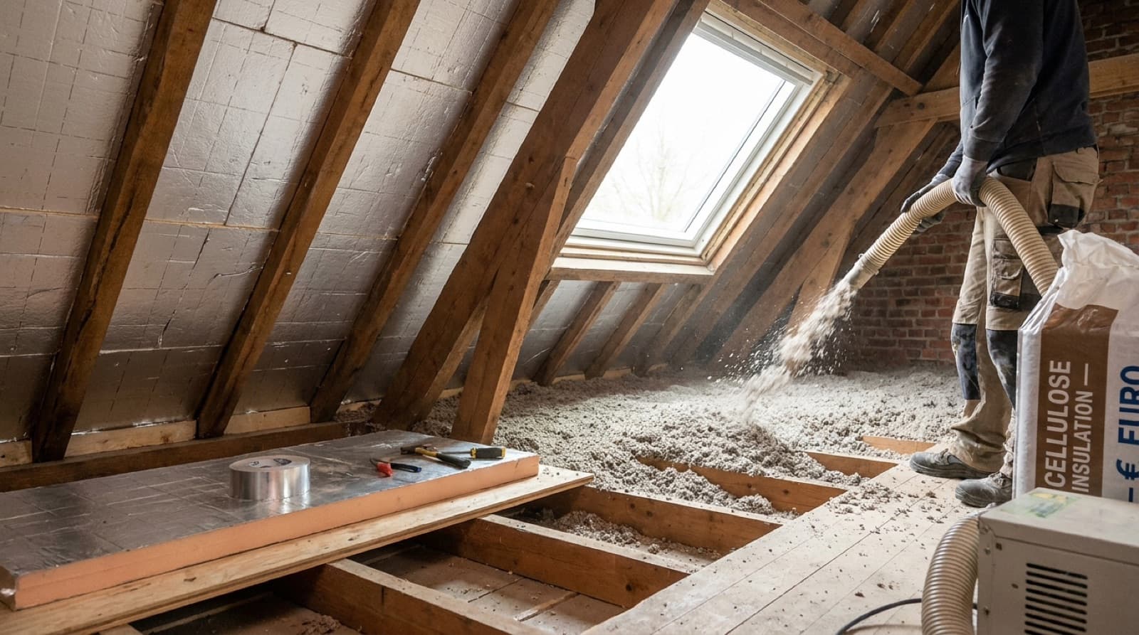Artisan RGE réalisant le soufflage de ouate de cellulose dans des combles perdus à l'aide d'une machine pneumatique, fenêtre de toit et charpente visibles