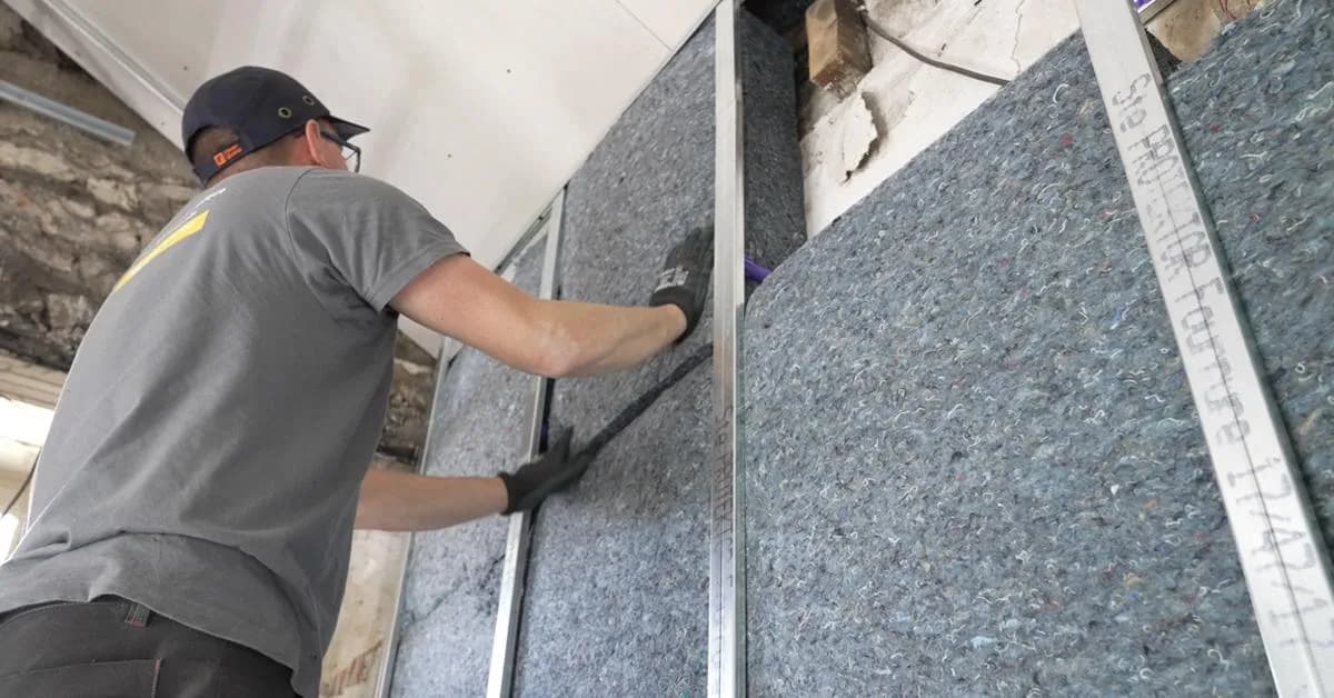 Artisan posant des panneaux d'ouate de cellulose grise entre montants métalliques pour isolation thermique mur intérieur