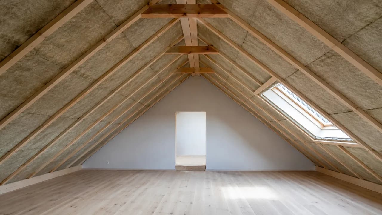 Combles aménagés avec isolation des rampants de toiture visible entre les chevrons, charpente en bois et fenêtre de toit