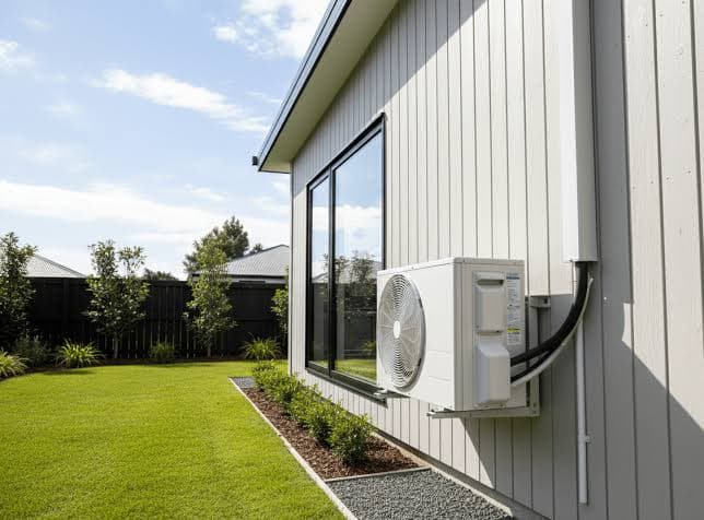 Unité extérieure de pompe à chaleur fixée sur support mural contre le bardage gris clair d'une maison, à côté d'une fenêtre, jardin engazonné