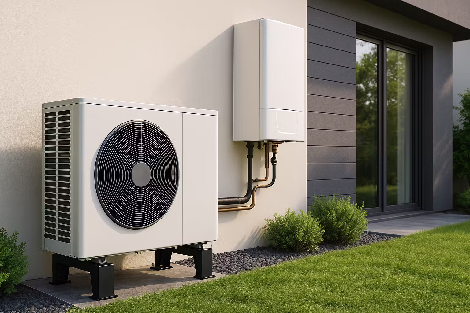Pompe à chaleur hybride installée sur une maison moderne — unité extérieure compacte fixée en façade