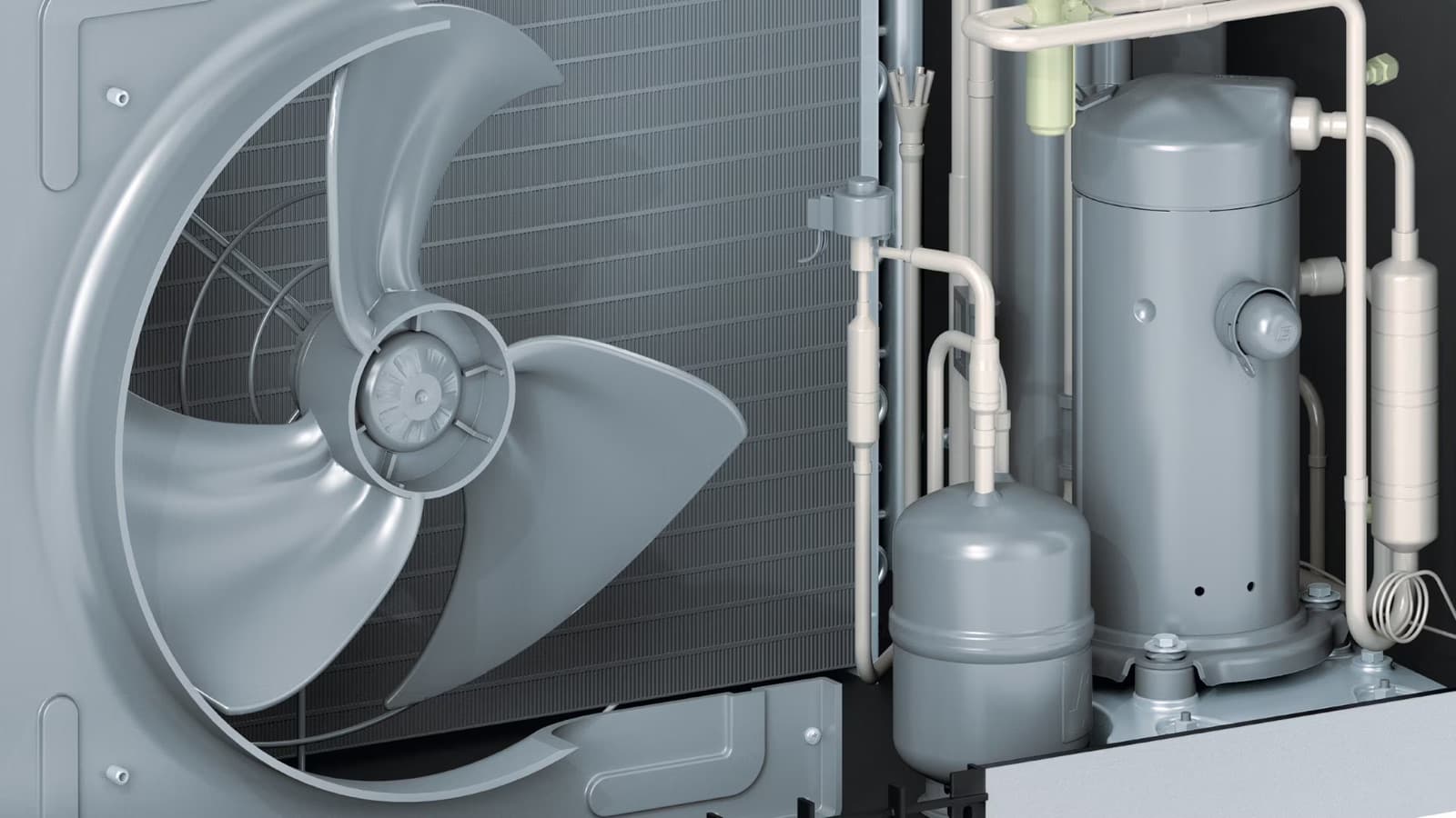 Vue détaillée de l'intérieur d'une unité extérieure de pompe à chaleur air-eau montrant le ventilateur, l'échangeur thermique et le compresseur