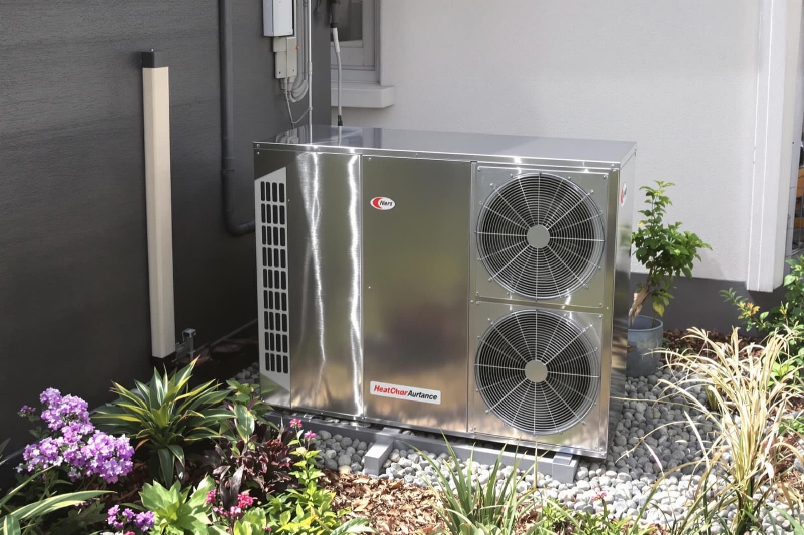 Unité extérieure compacte d'une pompe à chaleur air-eau installée dans un jardin fleuri contre la façade d'une maison
