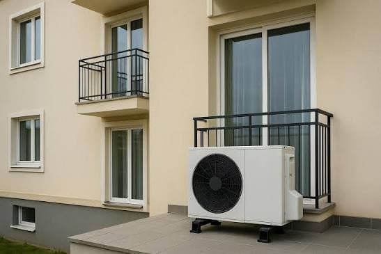 Unité extérieure compacte d'une pompe à chaleur pour appartement posée sur le balcon d'un immeuble en copropriété