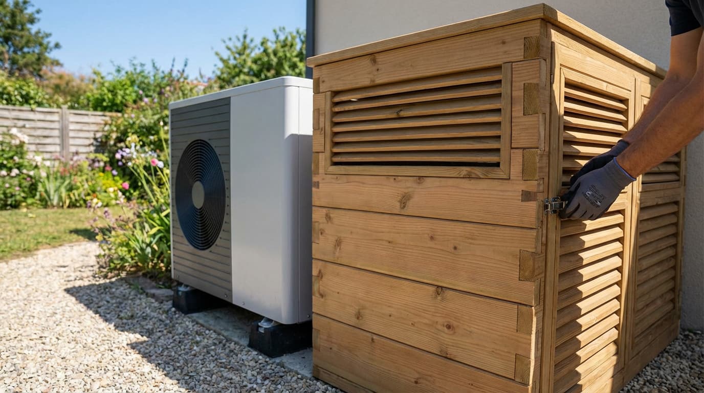 Caisson anti-bruit en bois ajouré installé autour d'une unité extérieure de pompe à chaleur dans un jardin, pour atténuer le bruit perçu par le voisinage