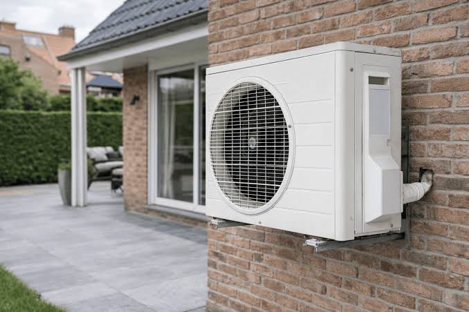 Unité extérieure blanche de pompe à chaleur fixée sur console contre la façade en briques d'une maison, à côté d'une terrasse