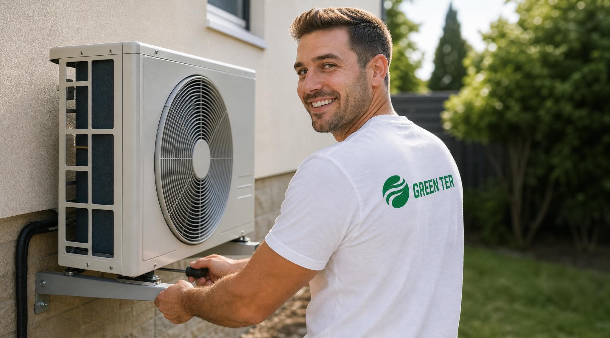 Technicien Greenter certifié RGE installant une pompe à chaleur en Île-de-France